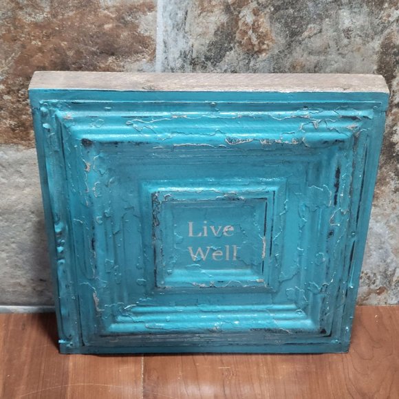 Turquoise Distressed Live Well Tin Metal on Wood Frame Hanging Wall Decor - Picture 6 of 12